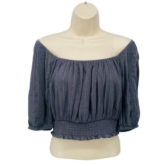 American Eagle Outfitters Tops - American Eagle Blouse Women Medium Gray Blue Smocked Crop Puff Sleeve Boho Top